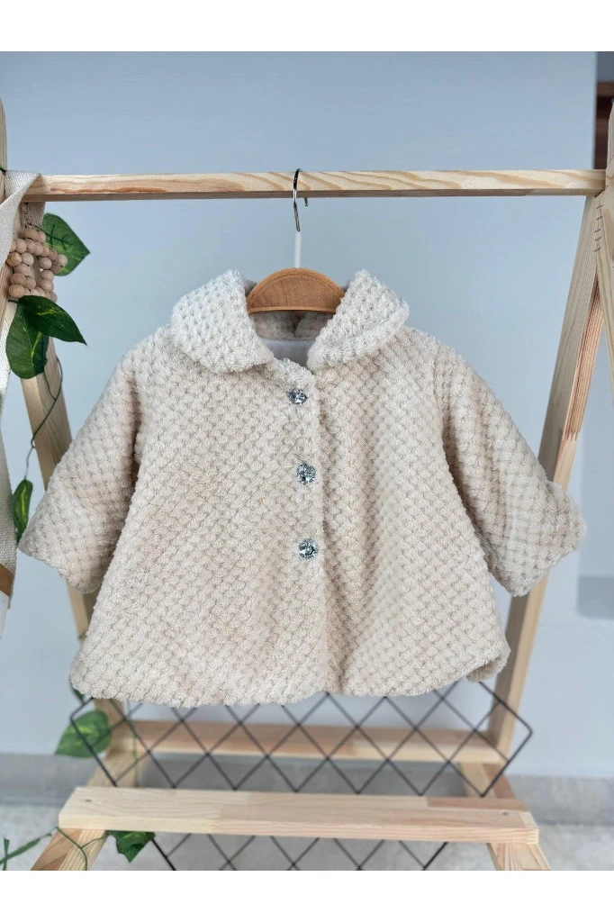 Kışlık Peluş Kız Bebek/Çocuk Hırka Kaban - SÜTLÜ KAHVE