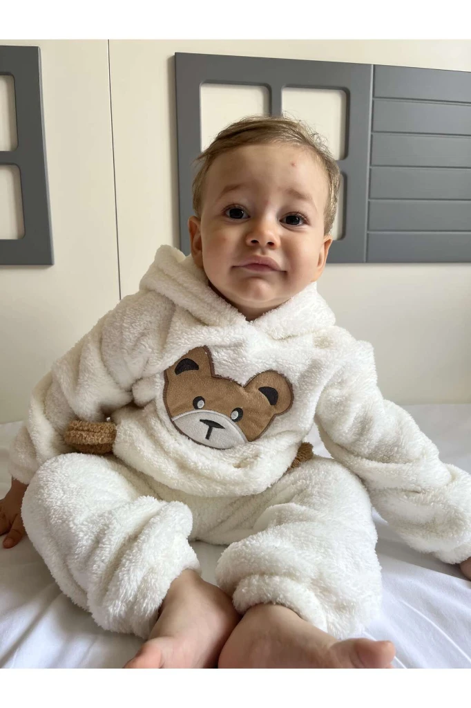 Kışlık Peluş Welsoft Cepli Kapüşonlu Bebek Takımı - KREM