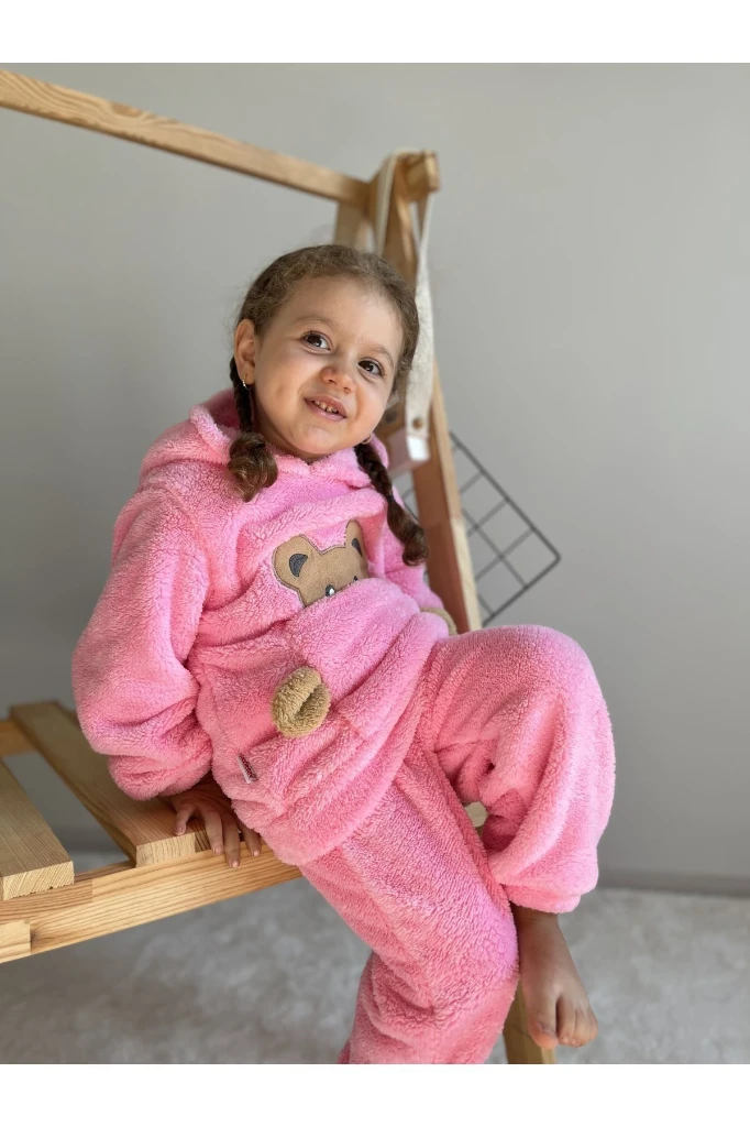 Kışlık Peluş Welsoft Cepli Kapüşonlu Bebek Takımı - PEMBE
