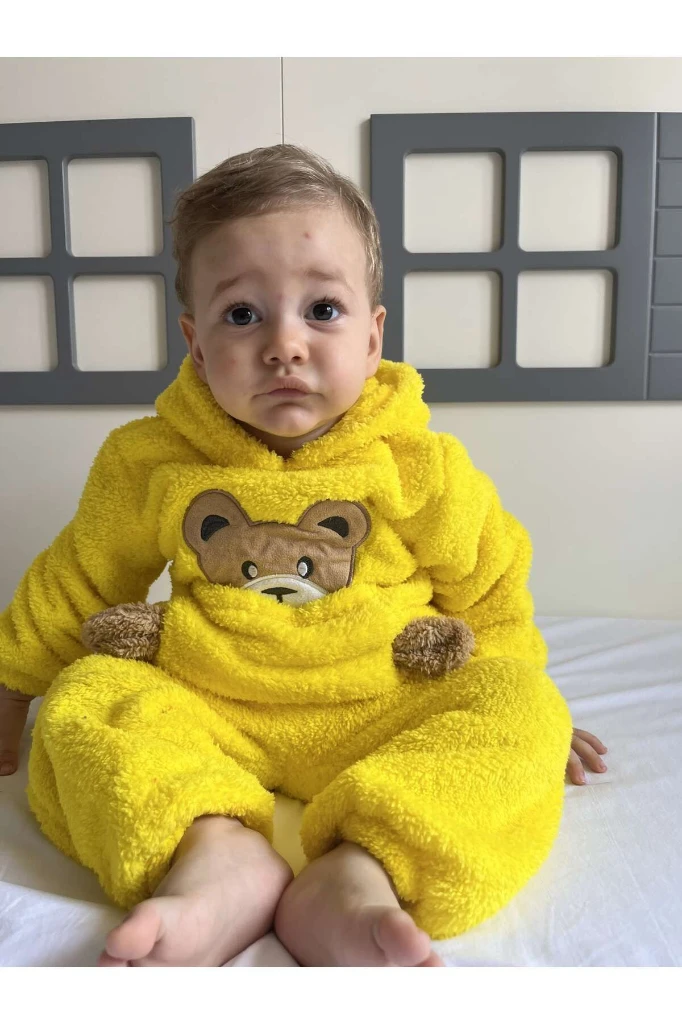 Kışlık Peluş Welsoft Cepli Kapüşonlu Bebek Takımı - SARI