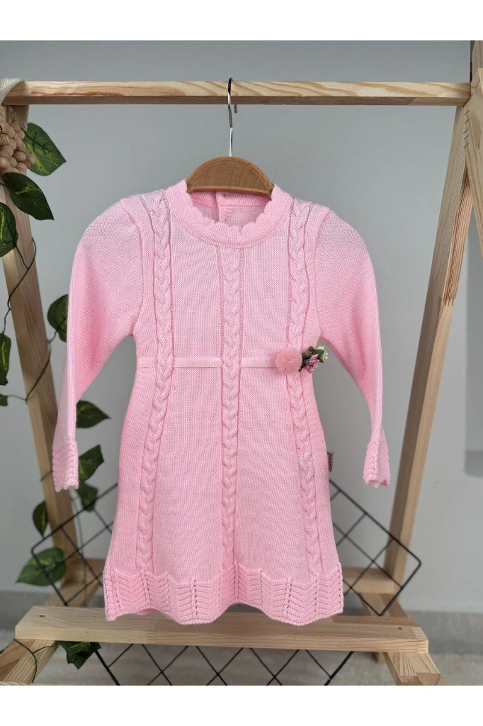 KIŞLIK TRİKO ÇIKARILABİLİR TOKA DETAYLI KIZ BEBEK/ÇOCUK ELBİSE - PEMBE