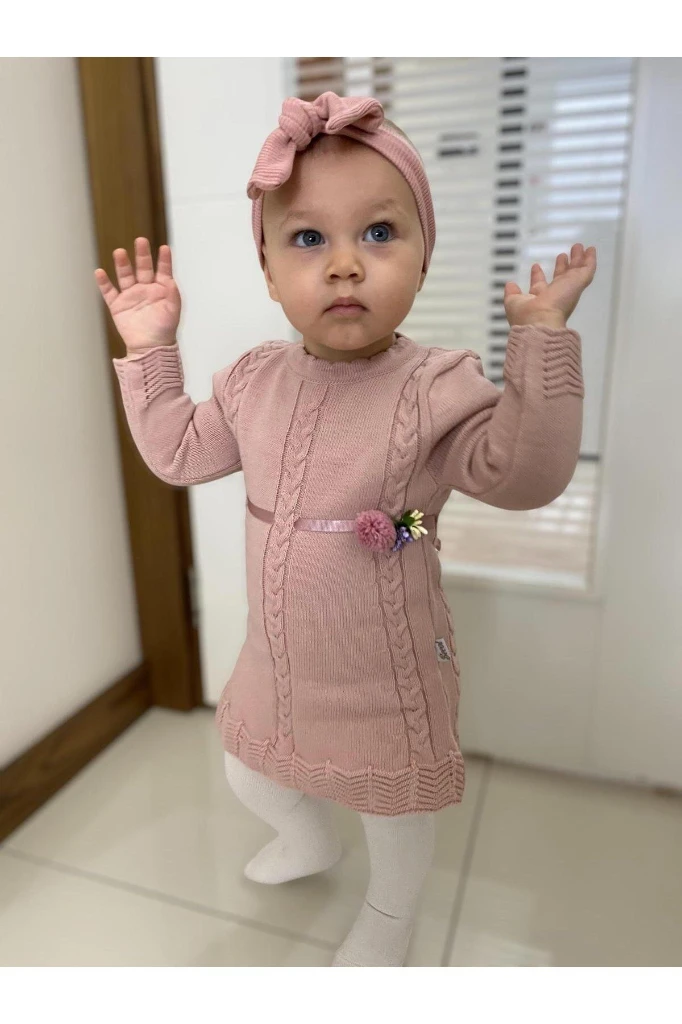 KIŞLIK TRİKO ÇIKARILABİLİR TOKA DETAYLI KIZ BEBEK/ÇOCUK ELBİSE - GÜLKURUSU