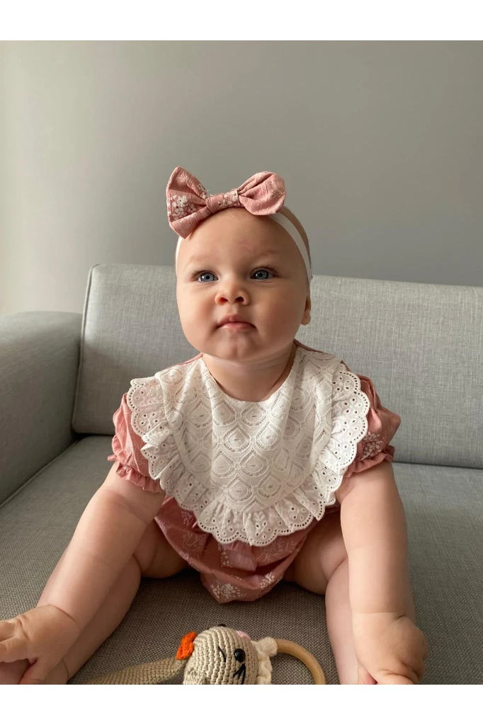 Kız Bebek Bandanalı Yağmur Damla Fistolu Çıtçıtlı Romper Badi İkili Set - AÇIK PEMBE