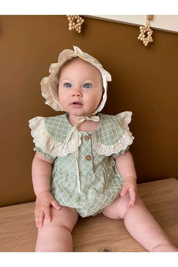 Kız Bebek Şapkalı Dantel Fistolu Çıtçıtlı Romper Badi İkili Set - SU YEŞİLİ