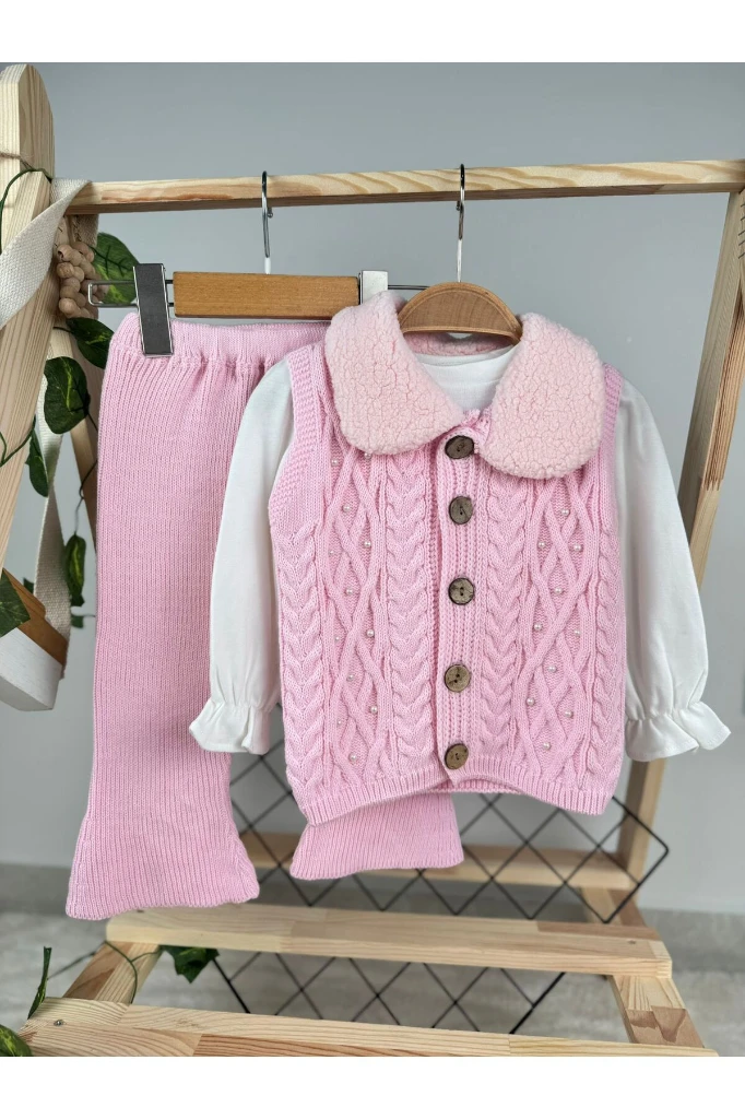 Kuzu Yakalı İnci Detay Hırkalı Badili 3'lü Triko Premium Kız Bebek Takım - PEMBE