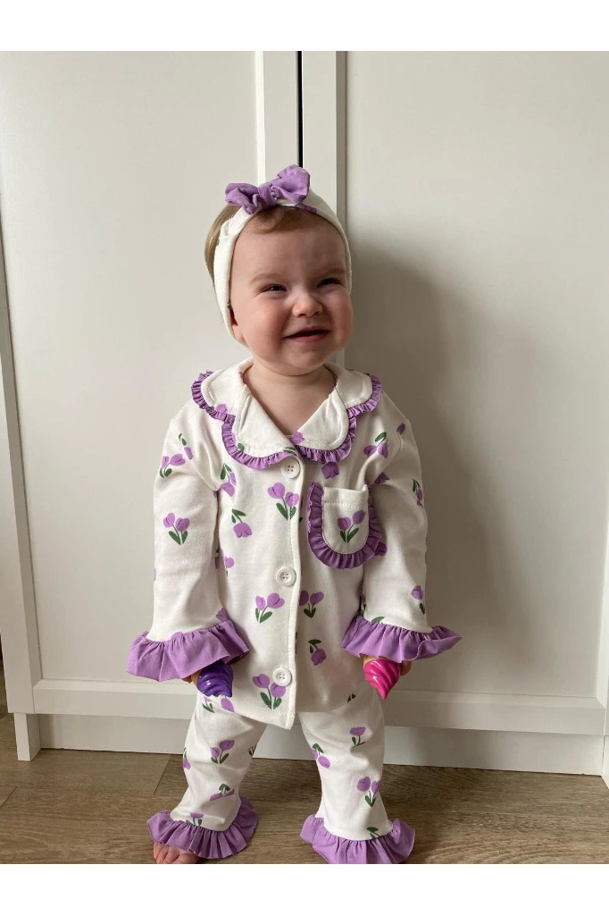 Lale Temalı Bebe Yakalı %100 Pamuk Fırfır Detaylı Bandanalı 3'lü Pijama Takım - MOR