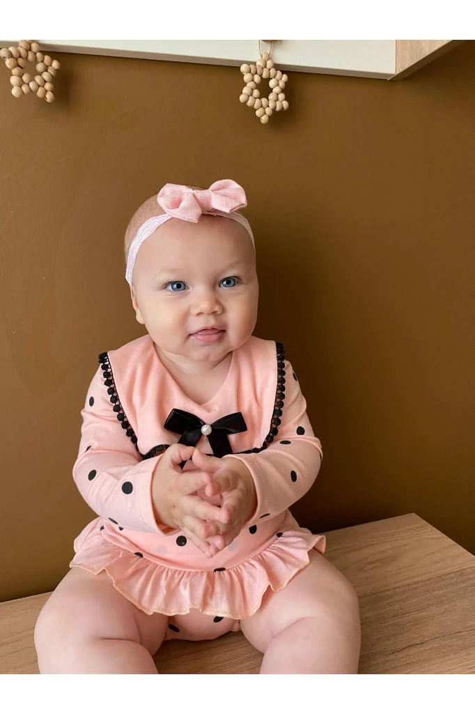 Liraklı %100 Pamuk Penye Puantiyeli Külotlu Kız Bebek İkili Takım - PUDRA PEMBE