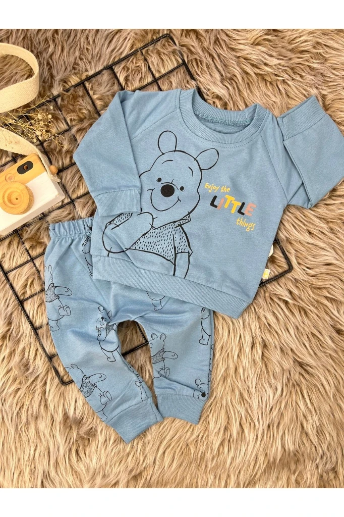 Little Pooh Baskılı Mevsimlik Bebek 2'li Takım - MAVİ
