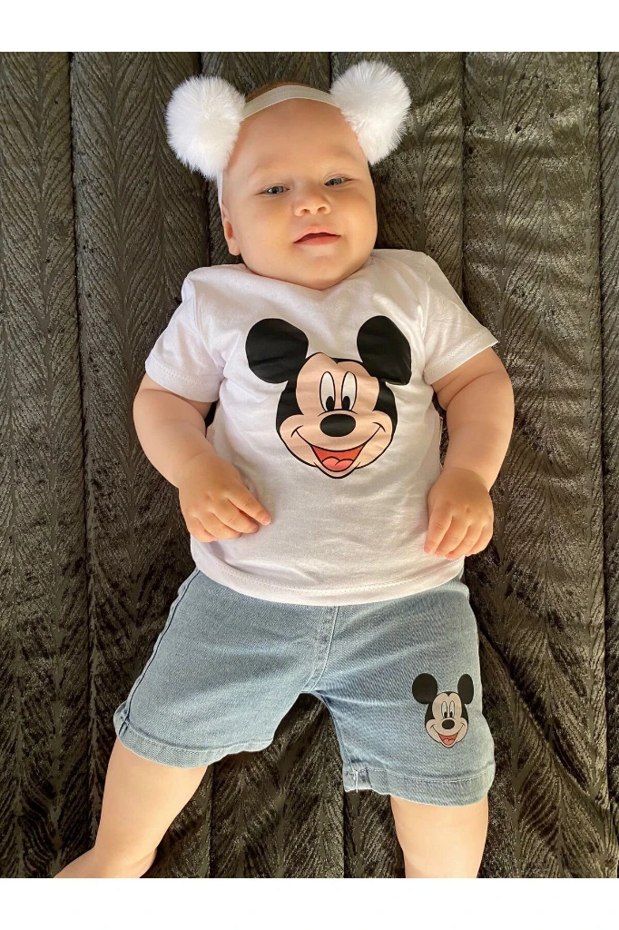 Mickey Mouse Baskılı Kot Şortlu Premium Unisex İkili Takım - BEYAZ