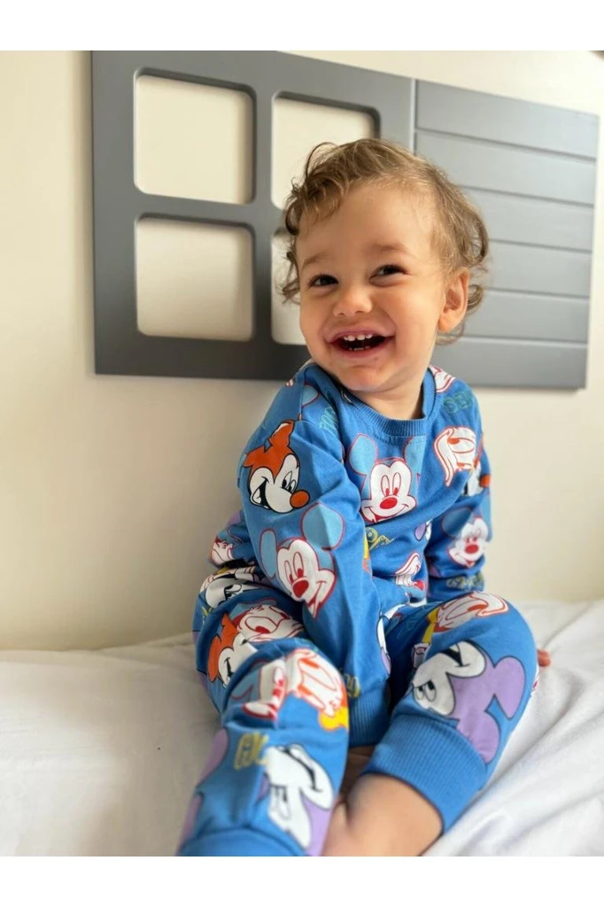Miki Desenli Çıtçıtlı Badili Unisex Bebek/Çocuk İkili Takım - SAKS MAVİSİ