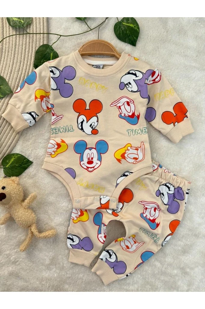 Miki Desenli Çıtçıtlı Badili Unisex Bebek/Çocuk İkili Takım - KREM