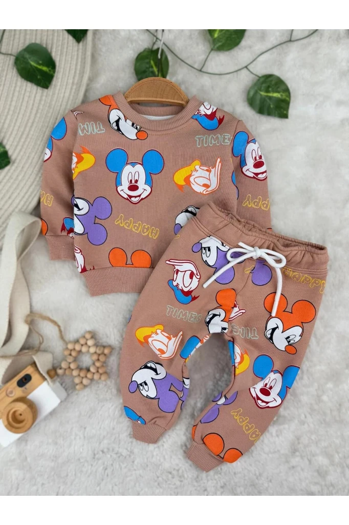 Miki Mouse Baskılı 3 İplik Unisex Kışlık İkili Takım - KAHVERENGİ