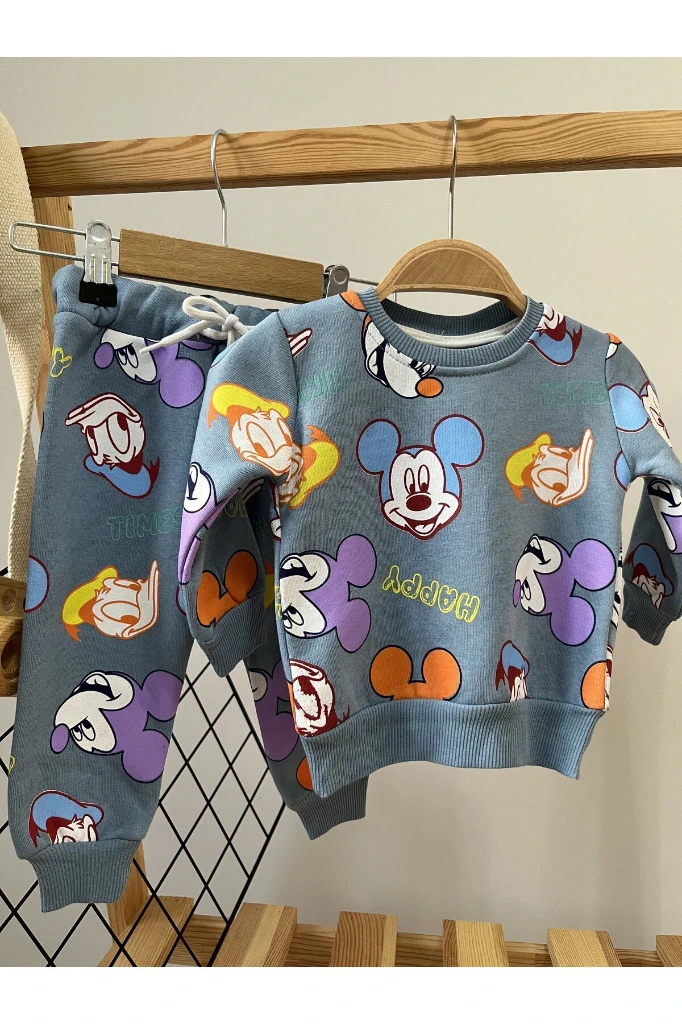 Miki Mouse Baskılı 3 İplik Unisex Kışlık İkili Takım - MAVİ