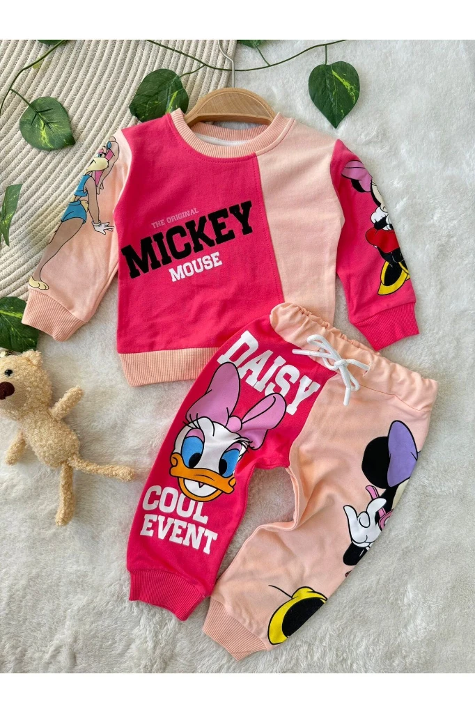 Miki/Mini Mouse Baskılı İki İplik Mevsimlik Kız/Erkek Bebek/Çocuk İkili Takım - FUŞYA