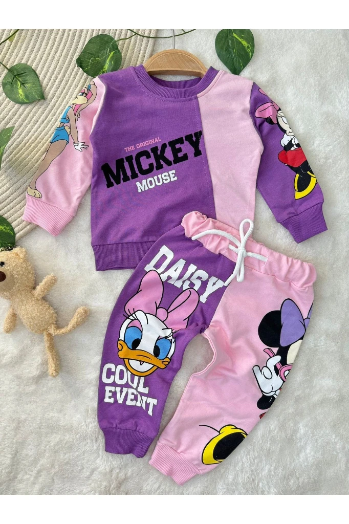 Miki/Mini Mouse Baskılı İki İplik Mevsimlik Kız/Erkek Bebek/Çocuk İkili Takım - MOR