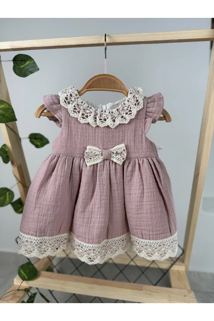 MÜSLİN DANTELLİ PREMİUM KALİTE KIZ BEBEK/ÇOCUK ELBİSE - GÜL KURUSU