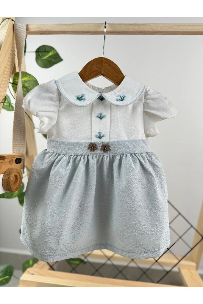 Nakışlı Bebe Yakalı Kız Bebek Elbise - BUZ MAVİSİ