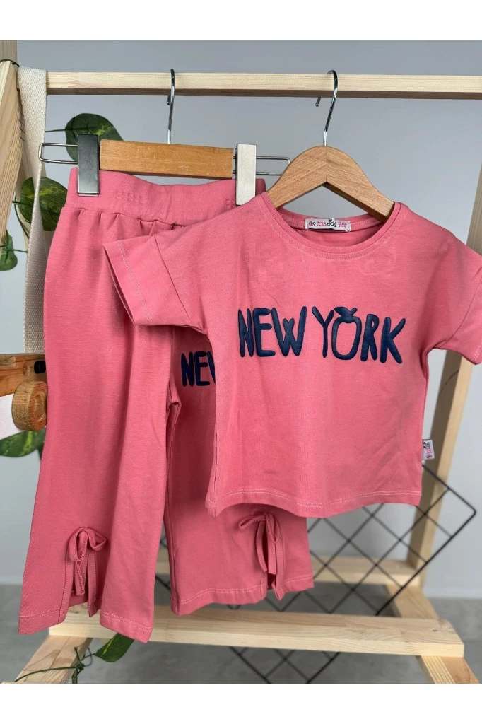 New York Baskılı Paça Detaylı Yazlık Kız Çocuk İkili Takım - PEMBE