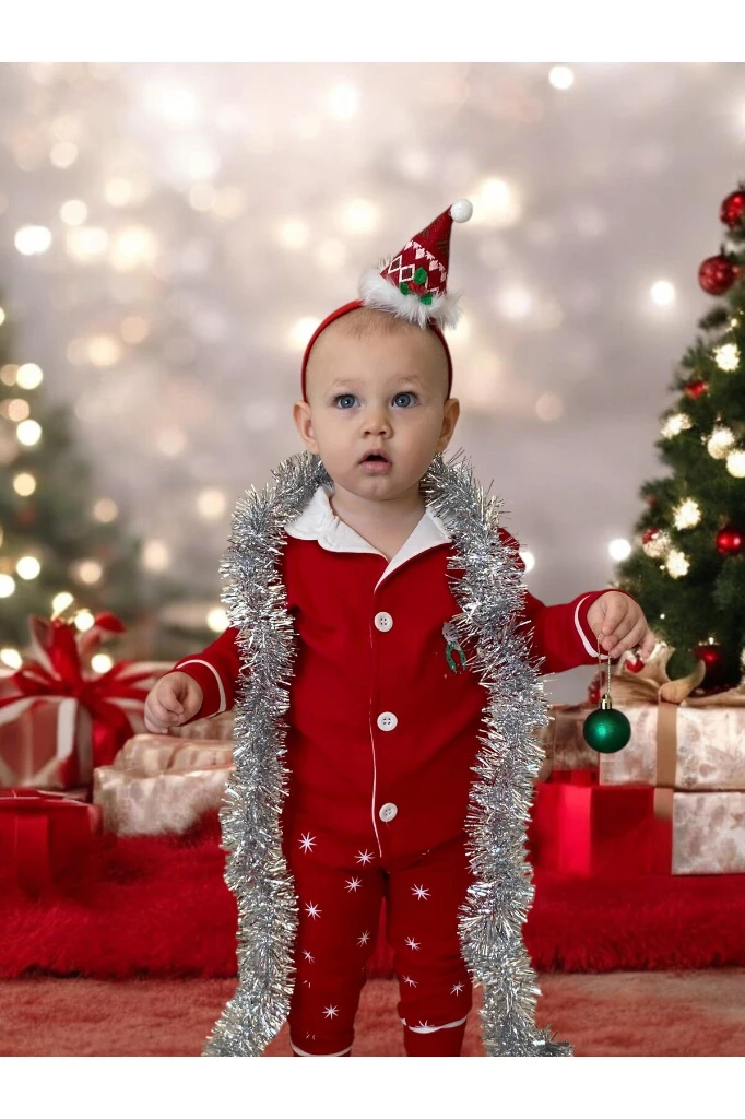 Noel Kedi Baskılı Düğmeli Kız Bebek/Çocuk Pijama İkili Takım - KIRMIZI