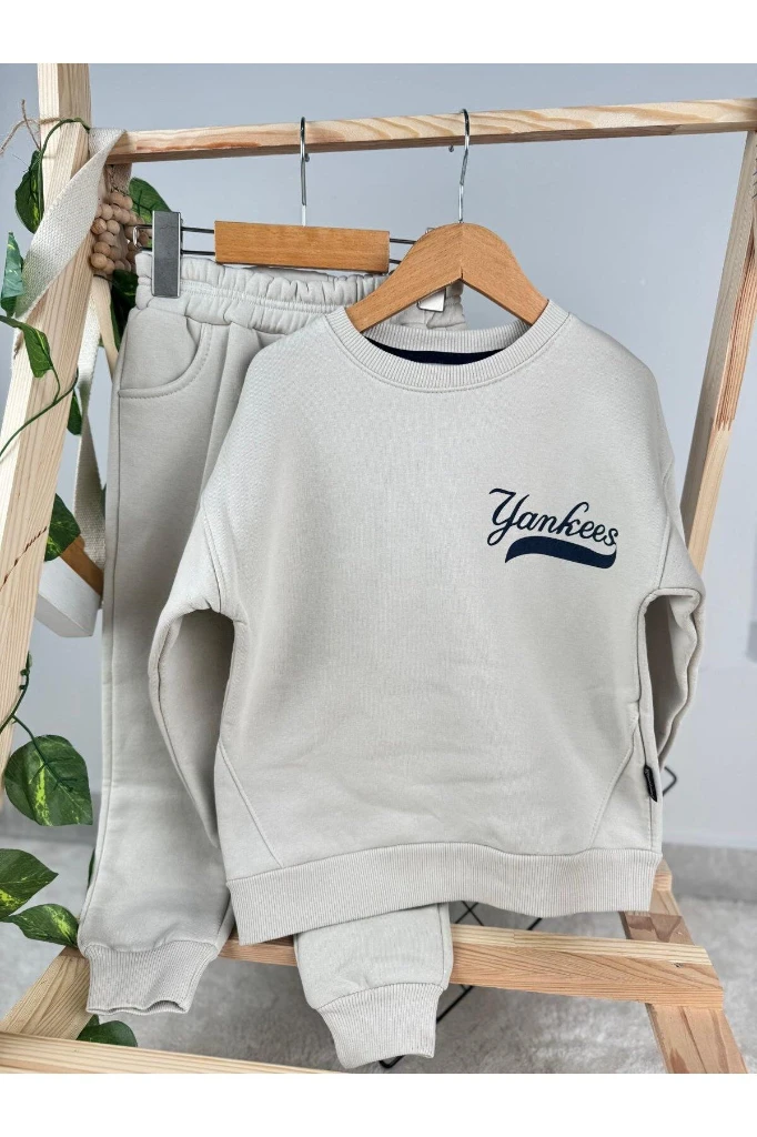 NY Yankess 3 İp Kışlık Unisex Çocuk İkili Takıım - BEJ