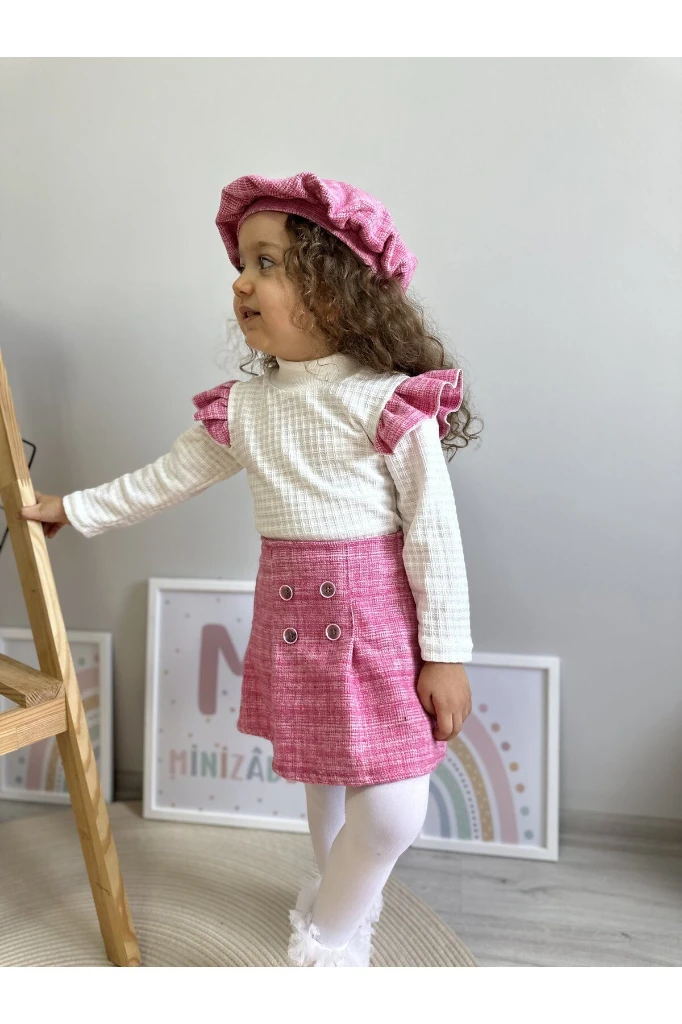 Oduncu Etekli %100 Pamuk Kumaş Badili Şapkalı Kışlık Kız Bebek Üçlü Takım - PEMBE