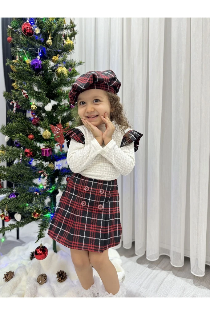 Oduncu Etekli %100 Pamuk Kumaş Badili Şapkalı Kışlık Kız Bebek Üçlü Takım - KIRMIZI
