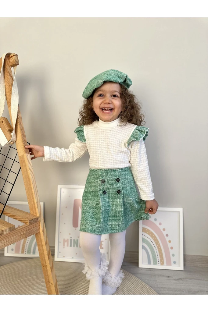 Oduncu Etekli %100 Pamuk Kumaş Badili Şapkalı Kışlık Kız Bebek Üçlü Takım - YEŞİL