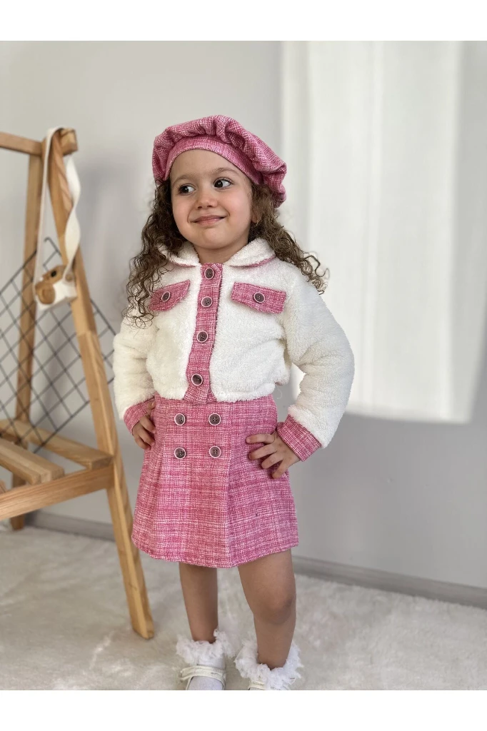 Oduncu Etekli Peluş Hırkalı Şapkalı Kışlık Kız Bebek Üçlü Takım Üçlü Elbise - PEMBE