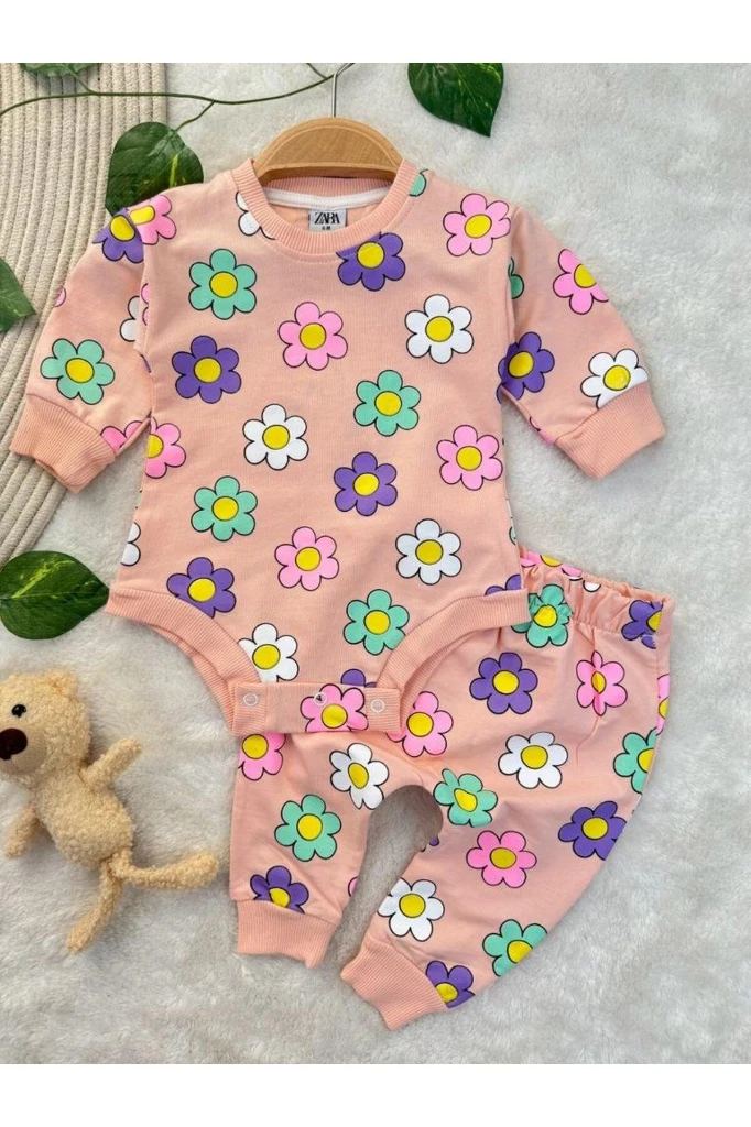 Papatya Desenli Çıtçıtlı Badili Kız Bebek/Çocuk İkili Takım - YAVRUAĞZI