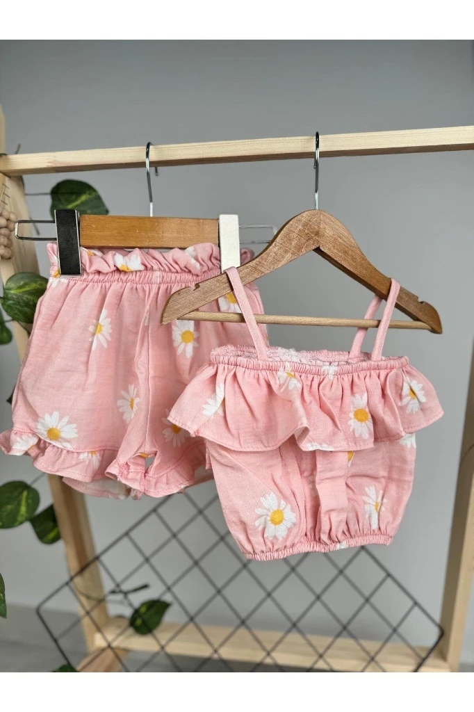 Papatya Desenli Müslin Kumaş Şortlu Yazlık İpli Bebek/Çocuk İkili Takım - PUDRA PEMBE
