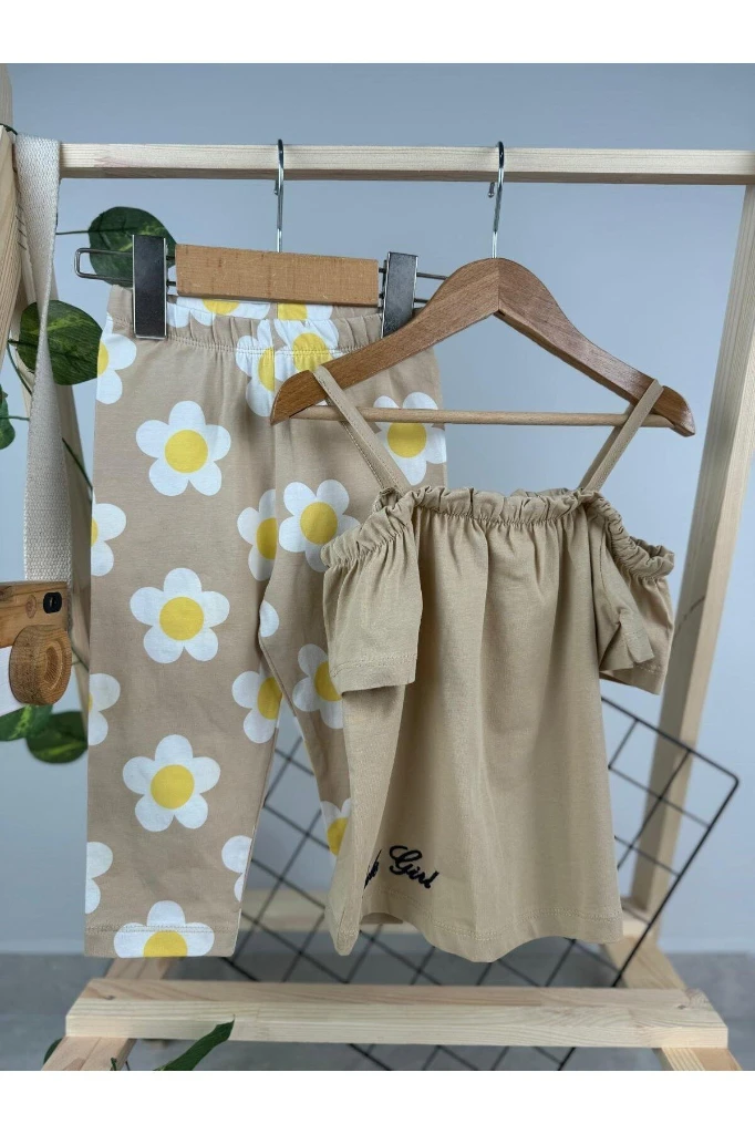 PAPATYA DESENLİ OMZU İPLİ İKİLİ KIZ BEBEK/ÇOCUK TAKIM - KAHVERENGİ