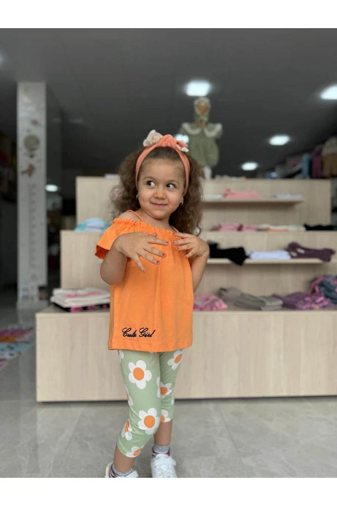 PAPATYA DESENLİ OMZU İPLİ İKİLİ KIZ BEBEK/ÇOCUK TAKIM - TURUNCU