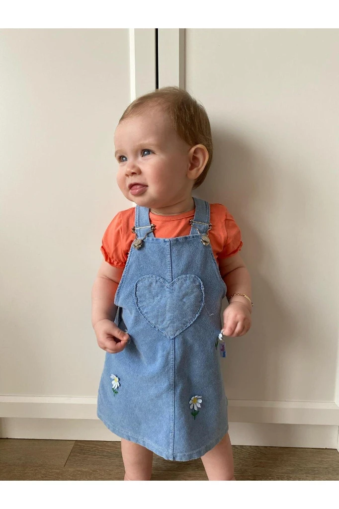 Papatya Nakışlı Likralı Yumuşacık Kumaş Kot Jile Elbiseli Fırfır Kollu Tişörtlü 2'li Elbise Set - NARÇİÇEĞİ