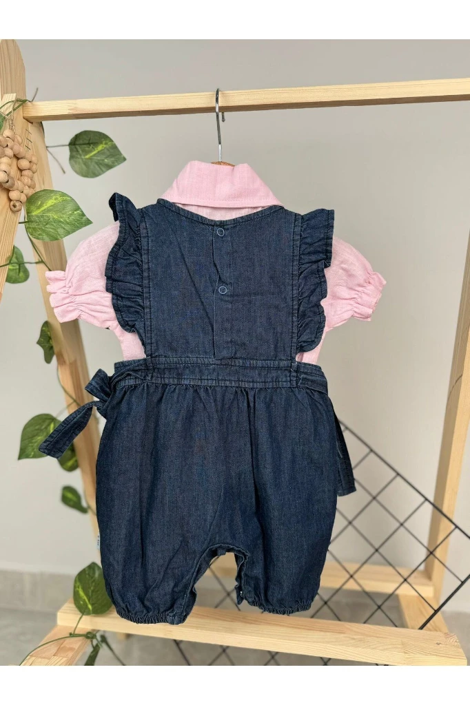 'Pera' Gömlekli Kot Salopetli Yandan Bağlamalı Kısa Kol 2'li Kız Bebek Takım/Tulum Koyu Renk - PEMBE