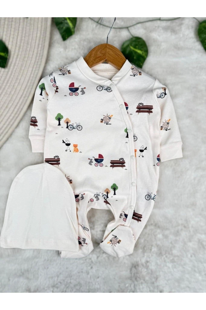 Piknik Bisiklet Park Baskılı %100 Pamuklu Şapkalı Unisex Bebek Tulum Set - RENKLİ