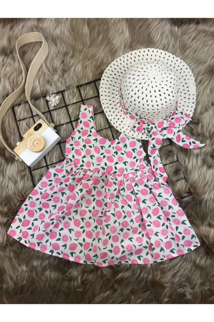 Portakal Baskılı Şapkalı Yazlık Kız Bebek Elbise - PEMBE