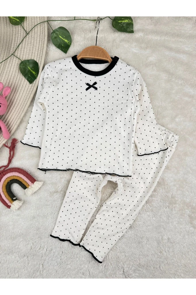 Puantiyeli %100 Pamuk Esnek 2 İp Mevsimlik Kız Bebek/Çocuk Pijama Takım - BEYAZ