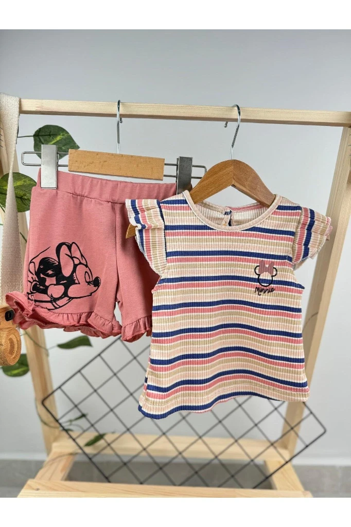 Renkli Çizgili Minnie Yazlık Kız Bebek İkili Takım - GÜL KURUSU
