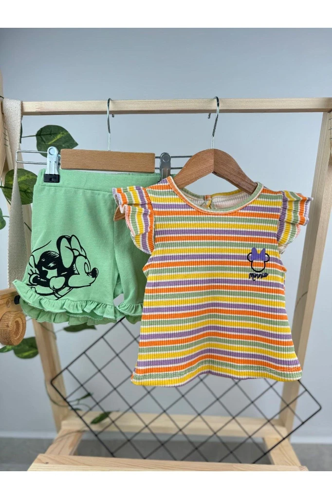 Renkli Çizgili Minnie Yazlık Kız Bebek İkili Takım - YEŞİL