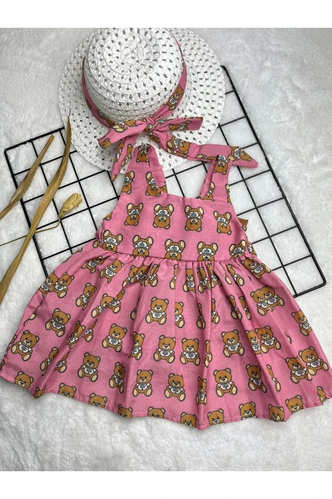 Sevimli Ayıcık Desenli Şapkalı Yazlık Kız Bebek Elbise - PEMBE