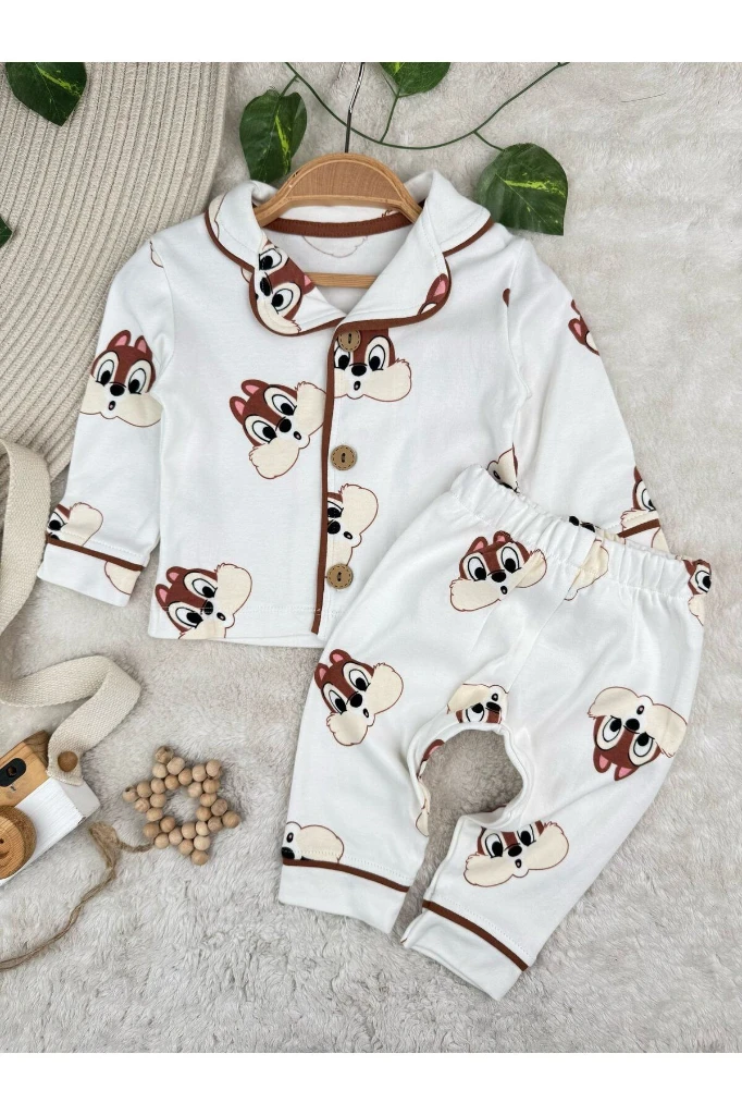 Sevimli Sincap Bebe Yakalı %100 Pamuk Yumuşacık Kumaş 2’li Unisex Pijama Takımı - BEYAZ