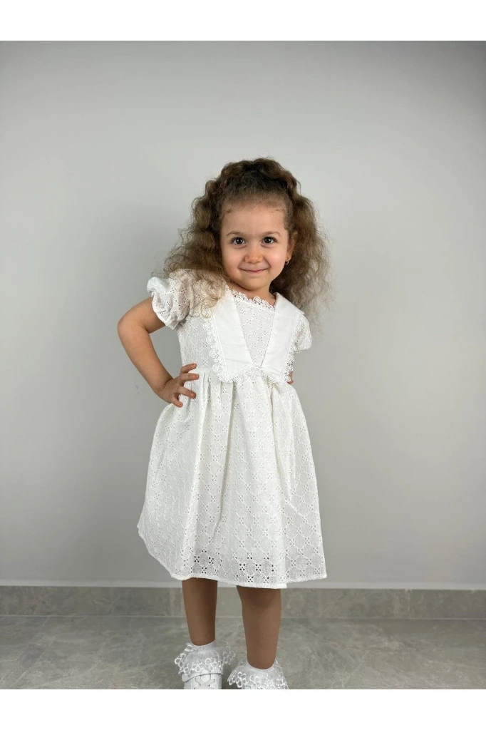SIRTI İPLİ PAMUK DANTEL KIZ BEBEK/ÇOCUK ELBİSE - BEYAZ