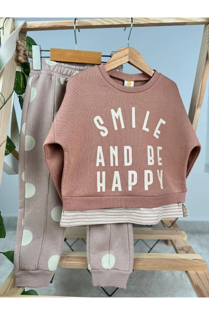 Smile and Be Happy Baskılı 3 İp Kışlık Kız Çocuk İkili Takım - KAHVERENGİ