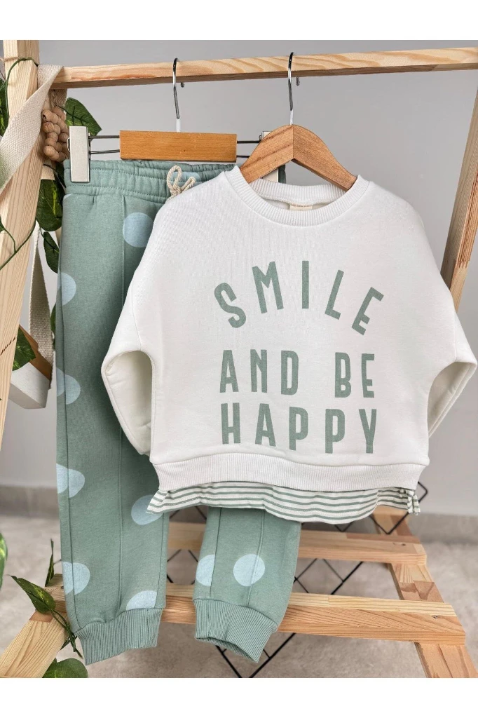 Smile and Be Happy Baskılı 3 İp Kışlık Kız Çocuk İkili Takım - YEŞİL