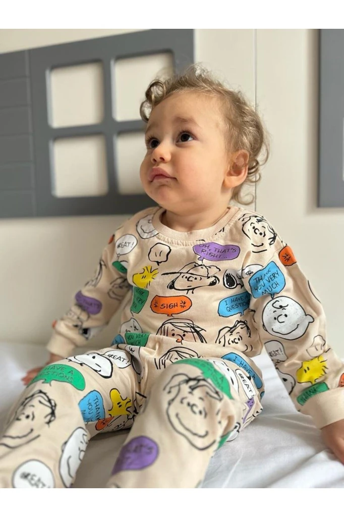 Snopy Desenli Çıtçıtlı Badili Unisex Bebek/Çocuk İkili Takım - KREM