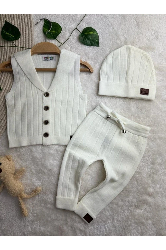 Triko Yelekli Şapkalı Taytlı 3'lü Unisex Şık Takım - KREM