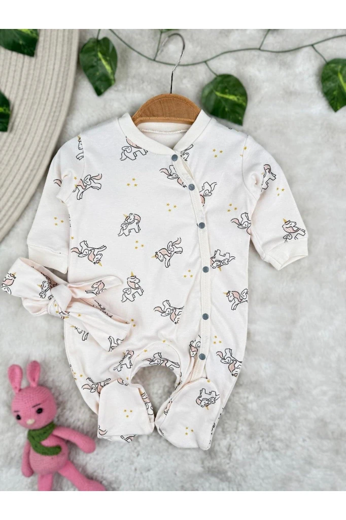 Unicorn Baskılı %100 Pamuklu Bandanalı Kız Bebek Tulum Set - KREM