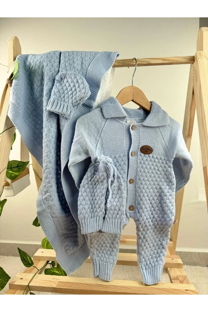 Unisex Model 3/6 Ay Battaniyeli Şapkalı Tulum Set - MAVİ