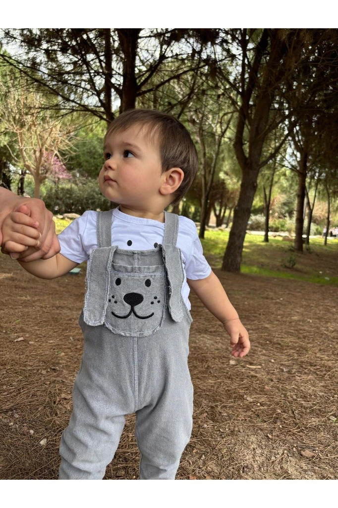 Uzun Kulak Köpekçik Cepli Kot Yazlık 2li Salopet Set - GRİ