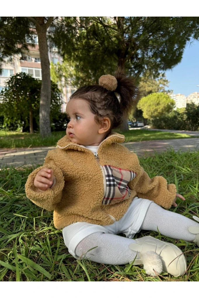 Wellsoft Peluş Unisex Fermuarlı Kışlık Bebek Çocuk Mont Bebek Hırka Çocuk Kaban Hırka - KAHVERENGİ